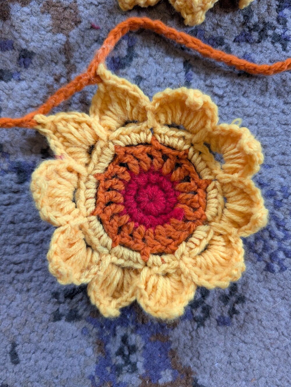 Crocheted Sunflower Garland Yellow Orange Red 11'6" Cottagecore Whimsical - Picture 2 of 3